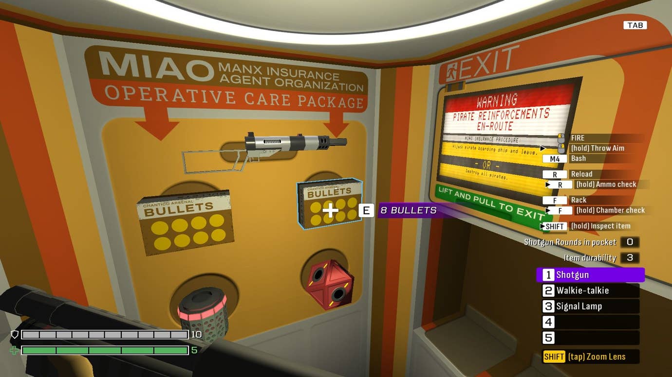 The player looks at the weapons offered to them in an escape pod.
